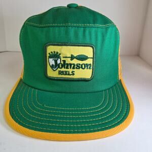 Vintage Johnson Reels Trucker Hat Green Yellow Kap King USA Snapback Foam Rot